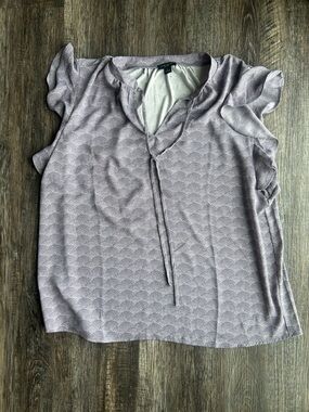 Ann Taylor Lavender-Print Ruffle Cap Sleeve Tie-Neck Blouse